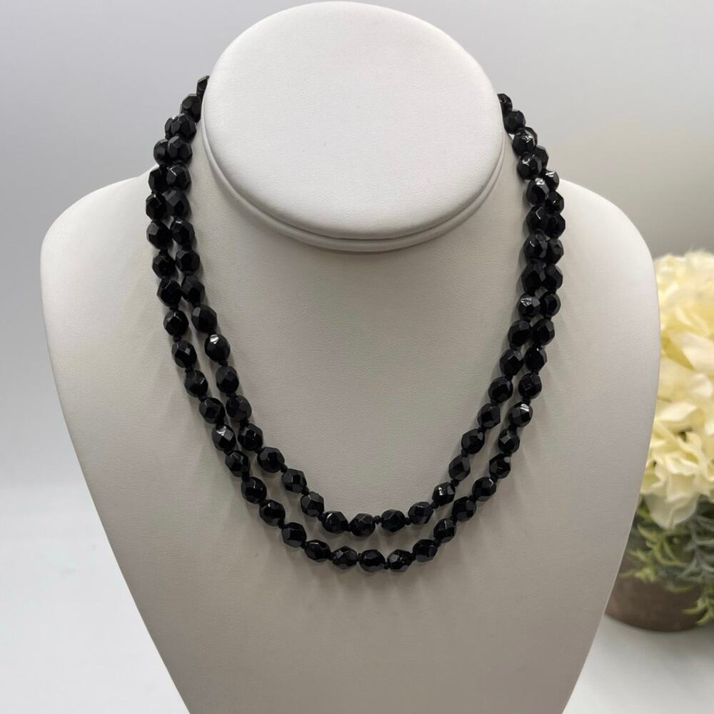 Vintage Hand Knotted Faceted Black Glass Bead‎ Single Strand Long Necklace